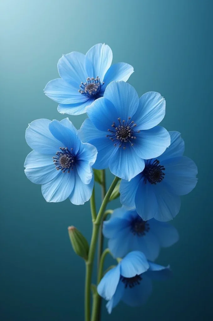 The pale blue flowers are sharply defined against a soft gray-blue background