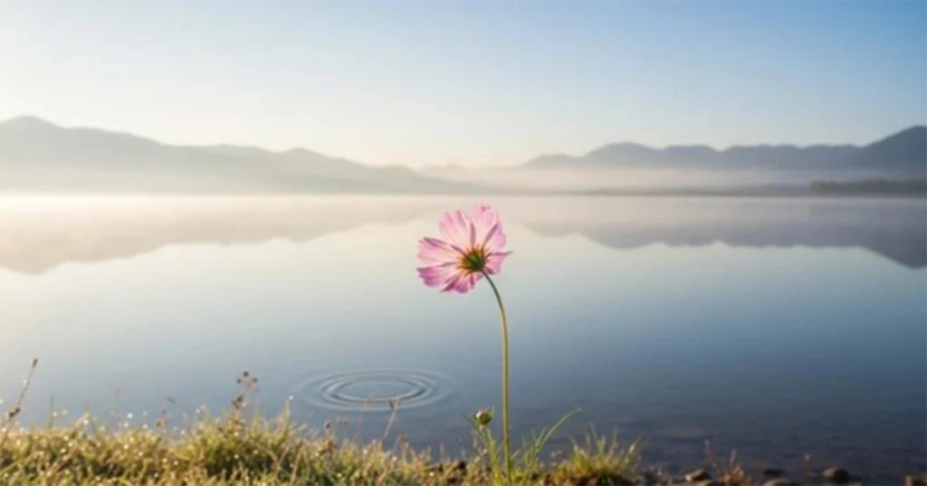 A pale flower stands in the grass beside a small lake