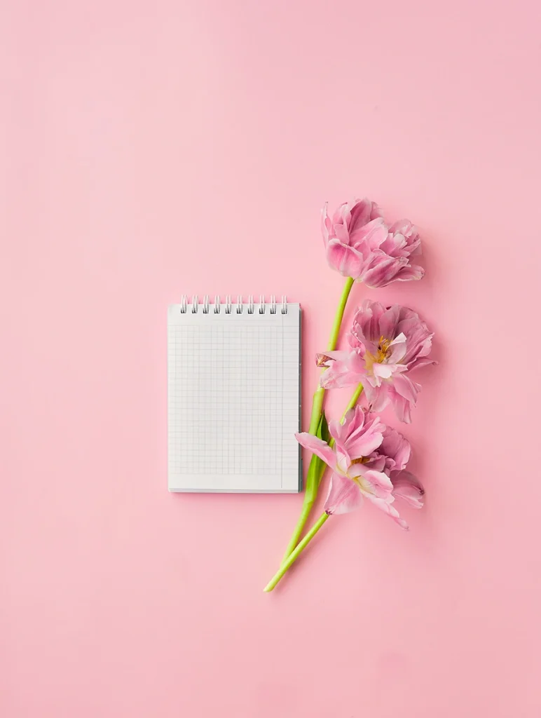 three pink flowers rest on a pale pink tabletop